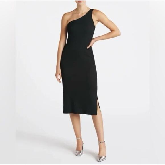 NWT 41 Hawthorn One Shoulder Fitted Ribbed Bodycon Midi Dress Black Women's L - Picture 1 of 7